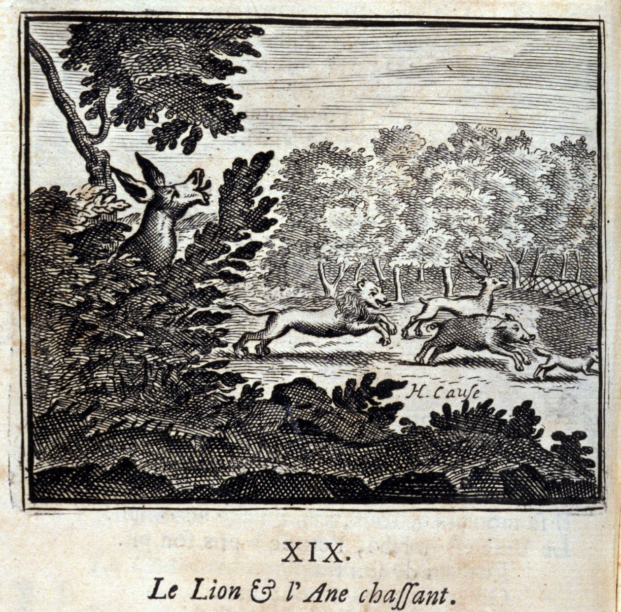 Az oroszlán és a szamár vadászata. Jean de La Fontaine (1621-95) meséi. Illusztráció: François Chauveau (1613-1676). 1728-as kiadás. alkotó: Francois Chauveau