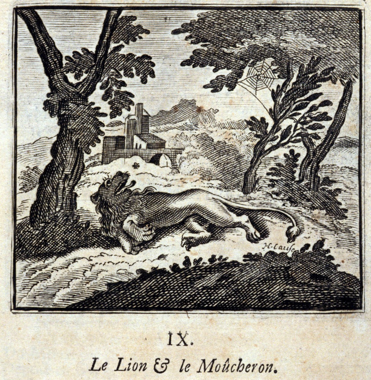 Az oroszlán és a légykapó. Jean de La Fontaine (1621-95) meséi. Illusztráció: Francois Chauveau (1613-1676). 1728-as kiadás. alkotó: Francois Chauveau