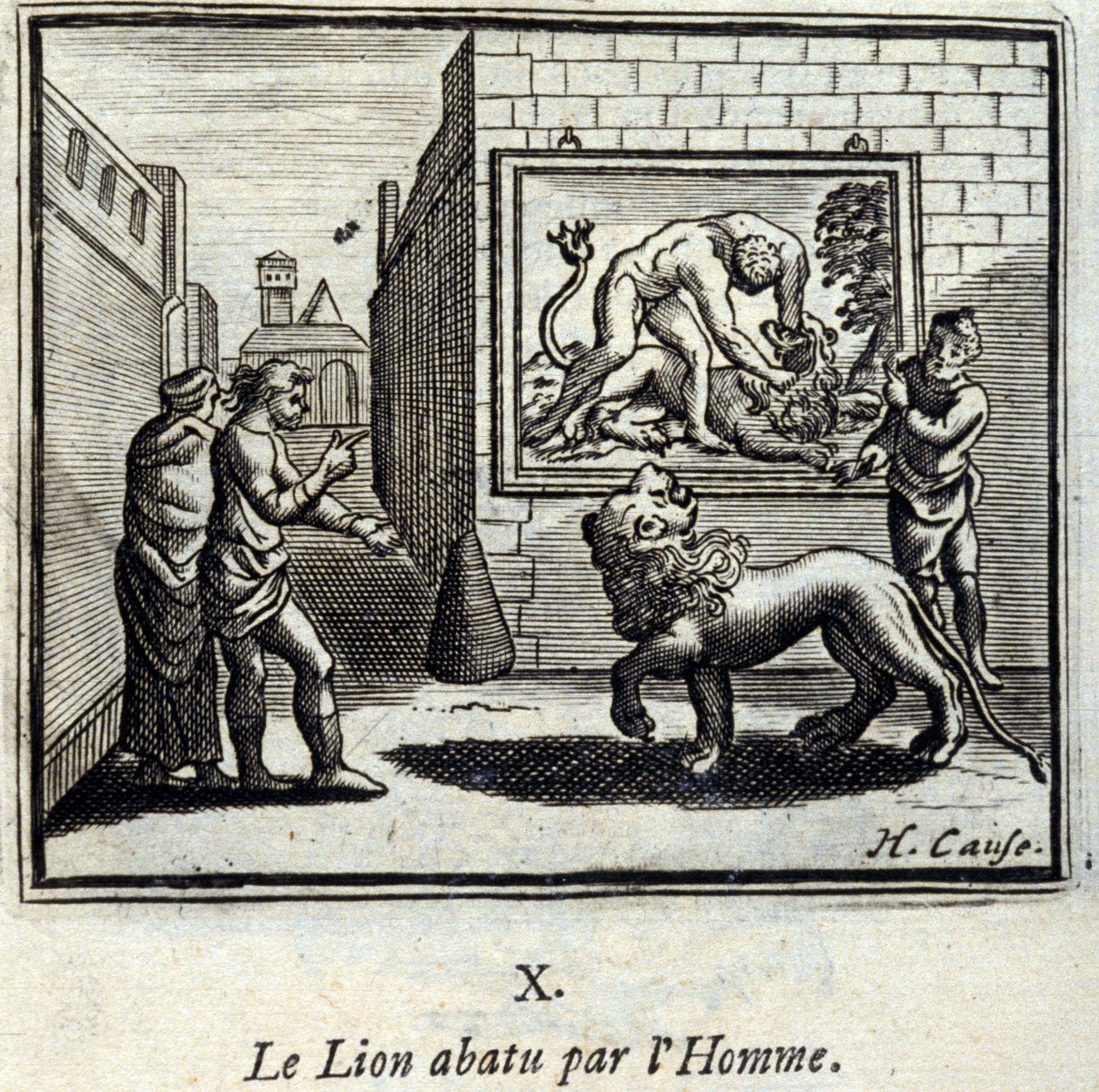 Az Oroszlánt lelőtte az Ember. Jean de La Fontaine (1621-95) meséi. Illusztráció: François Chauveau (1613-1676). 1728-as kiadás. alkotó: Francois Chauveau