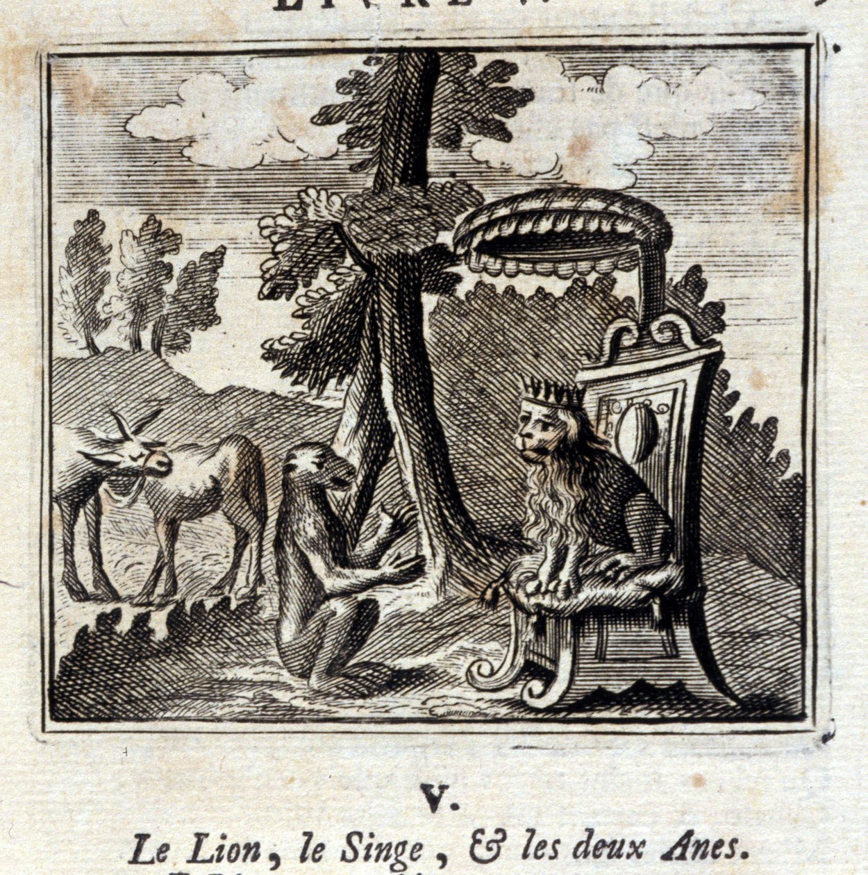 Az oroszlán, a majom és a két anés. Jean de La Fontaine (1621-95) meséi. Illusztráció: François Chauveau (1613-1676). 1728-as kiadás. alkotó: Francois Chauveau