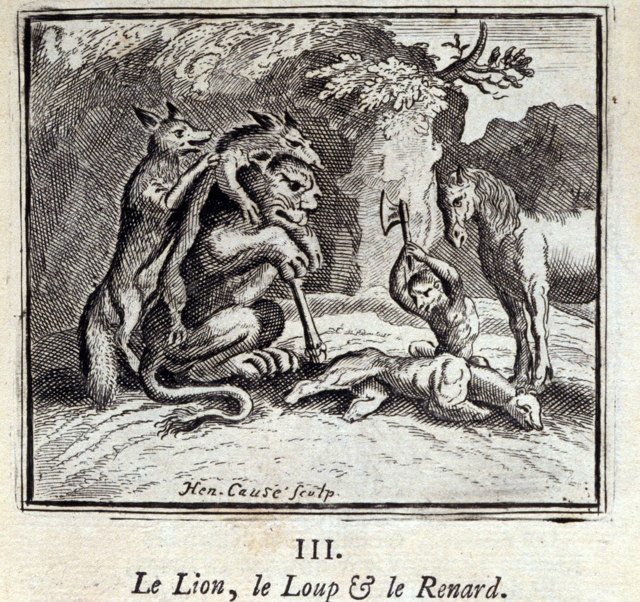 Az oroszlán, a farkas és a róka. Jean de La Fontaine (1621-95) meséi. Illusztráció: François Chauveau (1613-1676). 1728-as kiadás. alkotó: Francois Chauveau