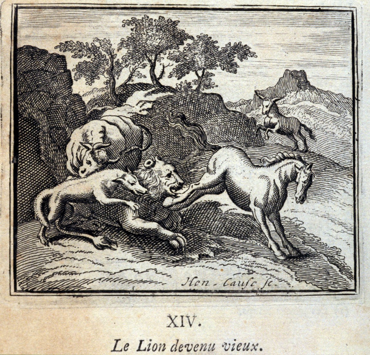 Az Oroszlán megöregedett. Jean de La Fontaine (1621-95) meséi. Illusztráció: Francois Chauveau (1613-1676). 1728-as kiadás. alkotó: Francois Chauveau