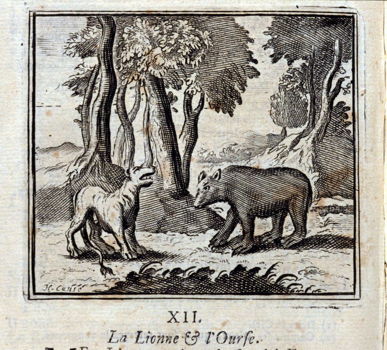 Az oroszlán és a medve. Jean de La Fontaine (1621-95) meséi. Illusztráció: François Chauveau (1613-1676). 1728-as kiadás. alkotó: Francois Chauveau