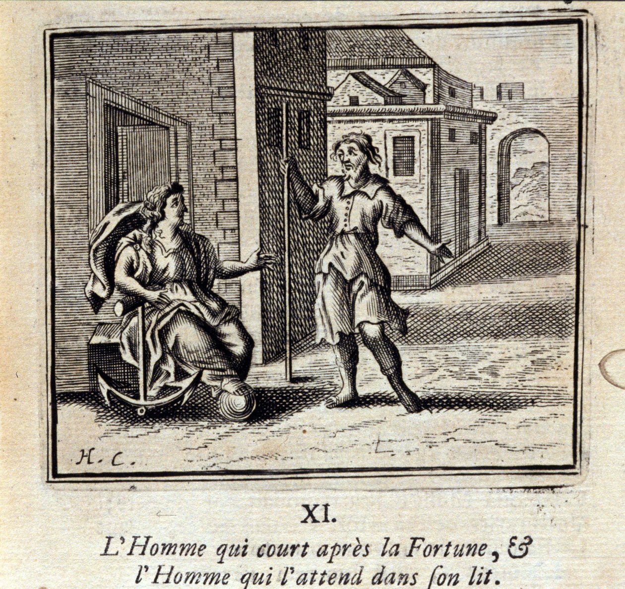 A Férfi, aki a Szerencse után fut, és a Férfi, aki az ágyban várja őt. Jean de La Fontaine (1621-95) meséi. Illusztráció: François Chauveau (1613-1676). 1728-as kiadás. alkotó: Francois Chauveau