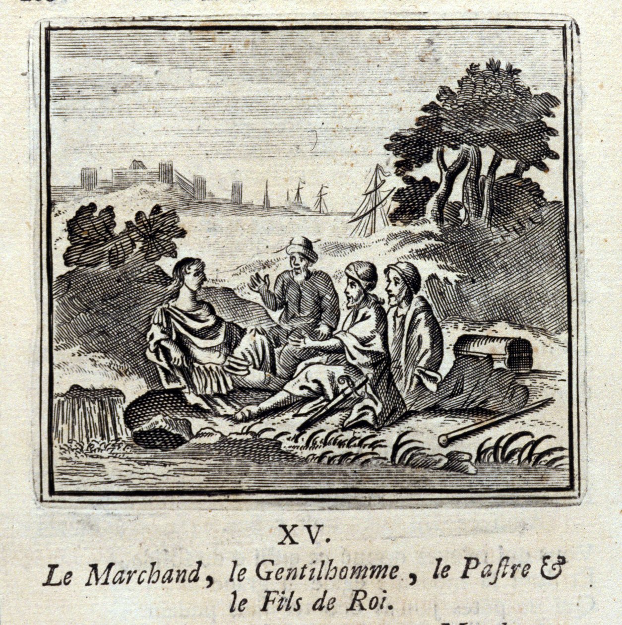 A kereskedő, a Gentilman, a Patra és a király fia. Jean de La Fontaine (1621-95) meséi. Illusztráció: François Chauveau (1613-1676). 1728-as kiadás. alkotó: Francois Chauveau