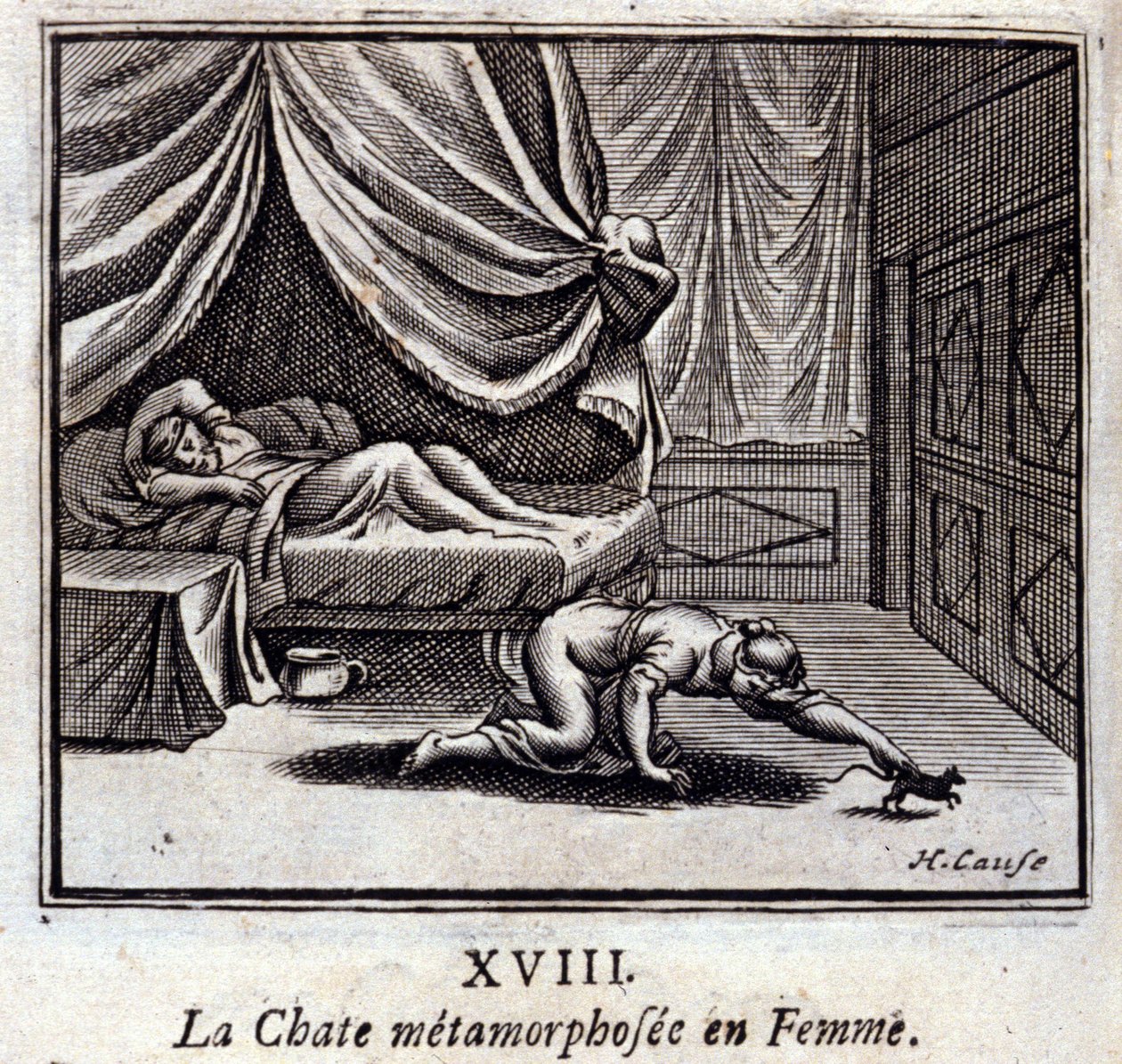 A metamorfózissá vált macska a nőben. Jean de La Fontaine (1621-95) meséi. Illusztráció: François Chauveau (1613-1676). 1728-as kiadás. alkotó: Francois Chauveau