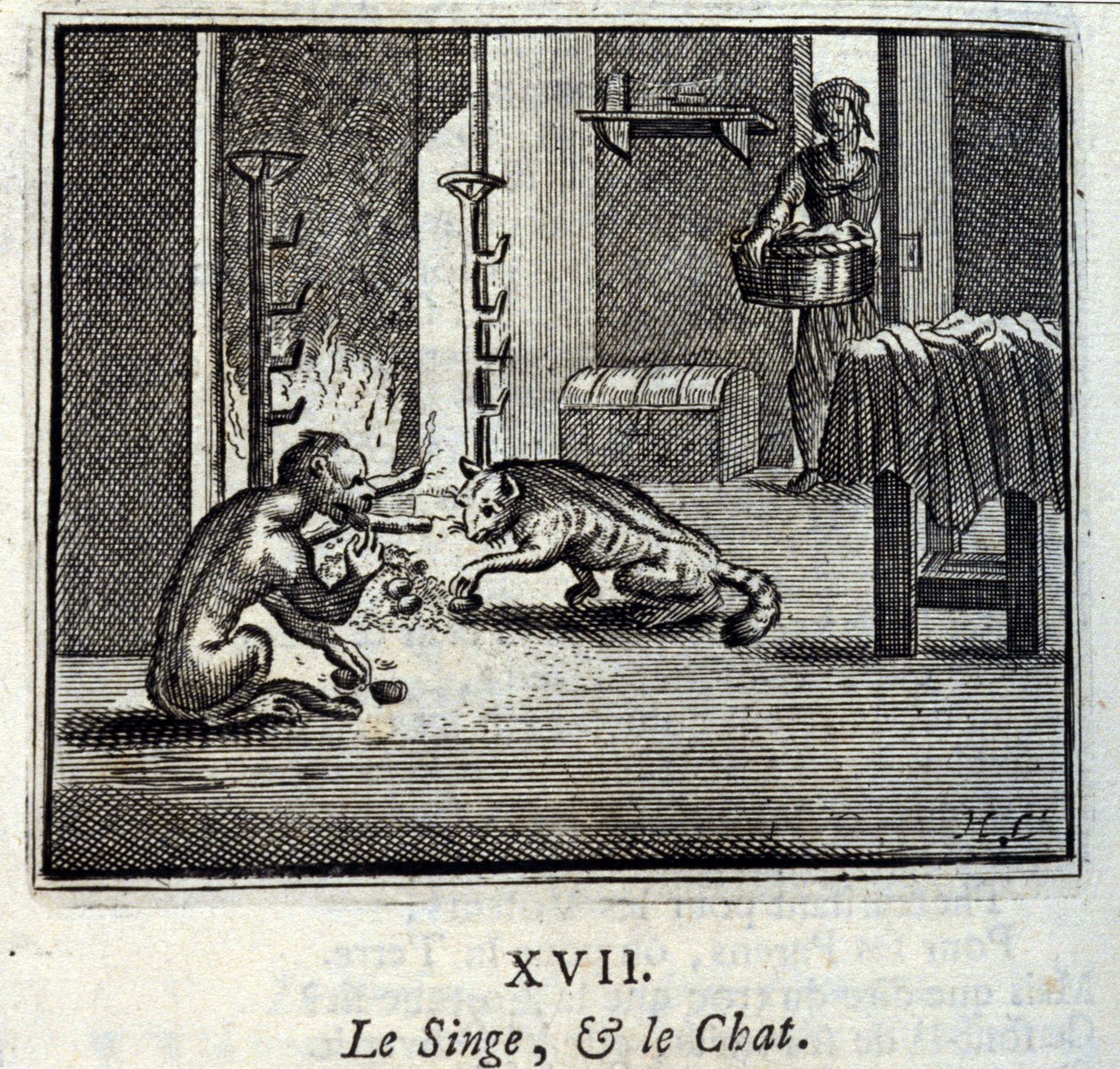 A majom és a macska. Jean de La Fontaine (1621-95) meséi. Illusztráció: Francois Chauveau (1613-1676). 1728-as kiadás. alkotó: Francois Chauveau