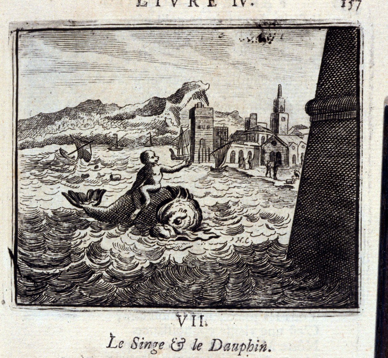 A majom és a dauphin. Jean de La Fontaine (1621-95) meséi. Illusztráció: Francois Chauveau (1613-1676). 1728-as kiadás. alkotó: Francois Chauveau