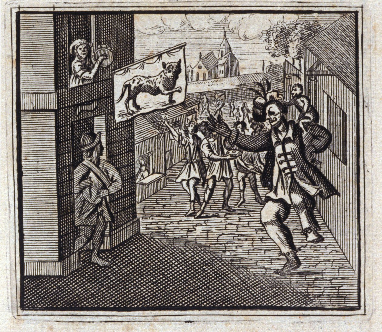 A majom és a leopárd. Jean de La Fontaine (1621-95) meséi. Illusztráció: Francois Chauveau (1613-1676). 1728-as kiadás. alkotó: Francois Chauveau