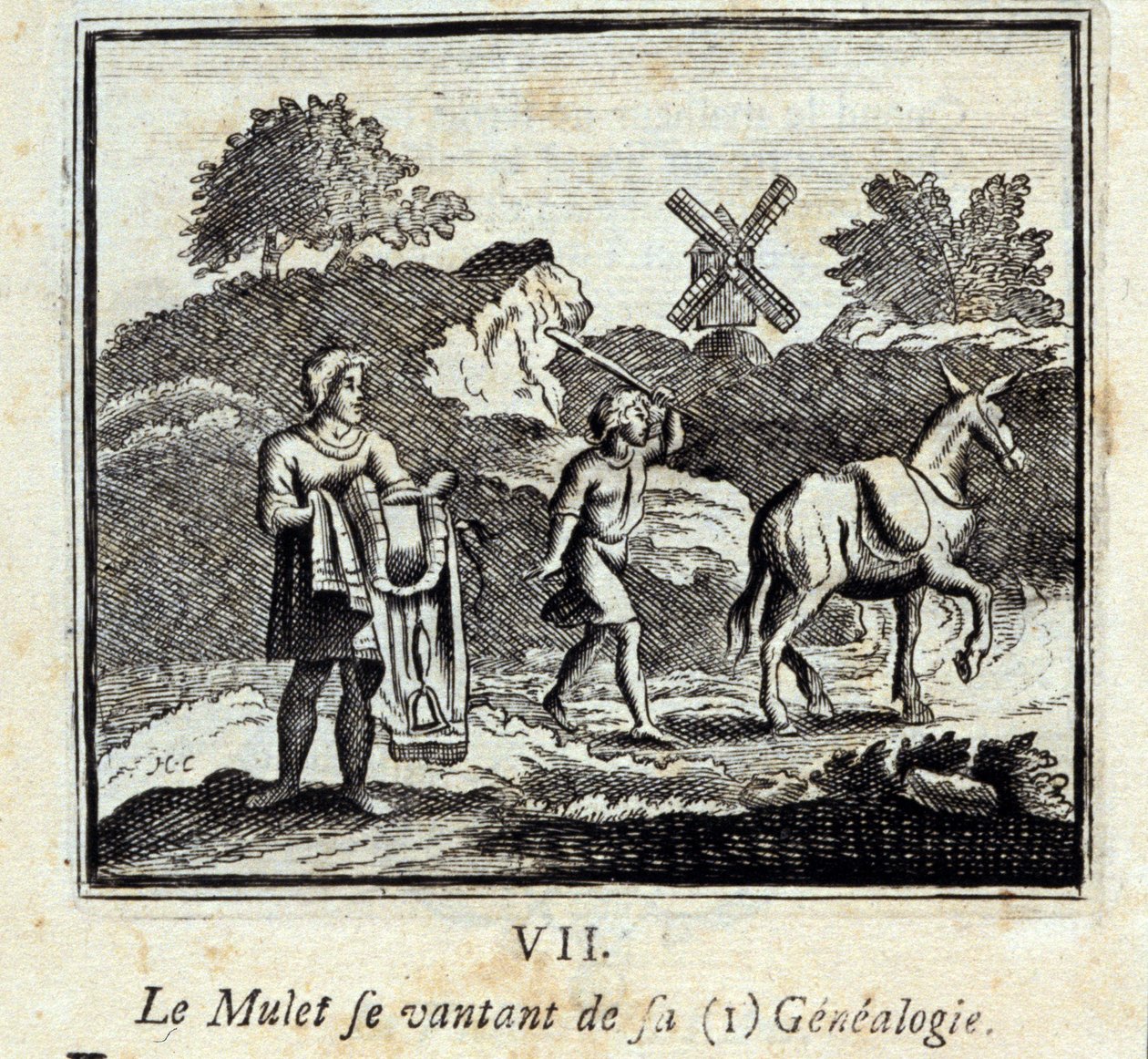 A Mullet a genealógiájával kérkedik. Jean de La Fontaine (1621-95) meséi. Illusztráció: François Chauveau (1613-1676). 1728-as kiadás. alkotó: Francois Chauveau
