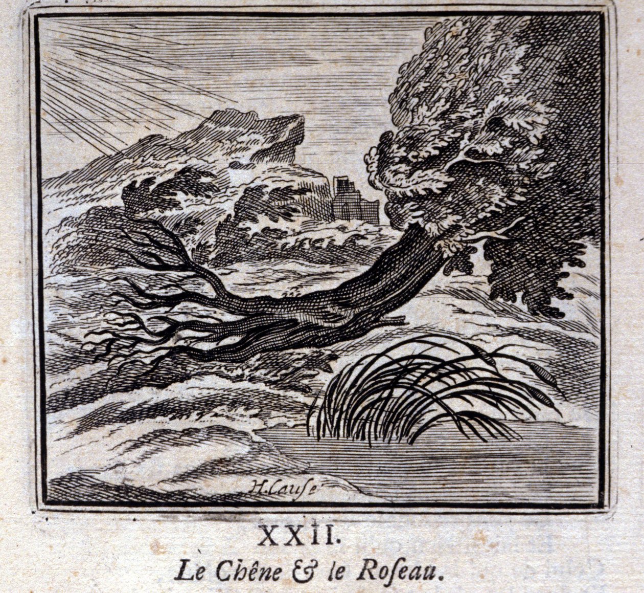 A tölgy és a nád. Jean de La Fontaine (1621-95) meséi. Illusztráció: François Chauveau (1613-1676). 1728-as kiadás. alkotó: Francois Chauveau