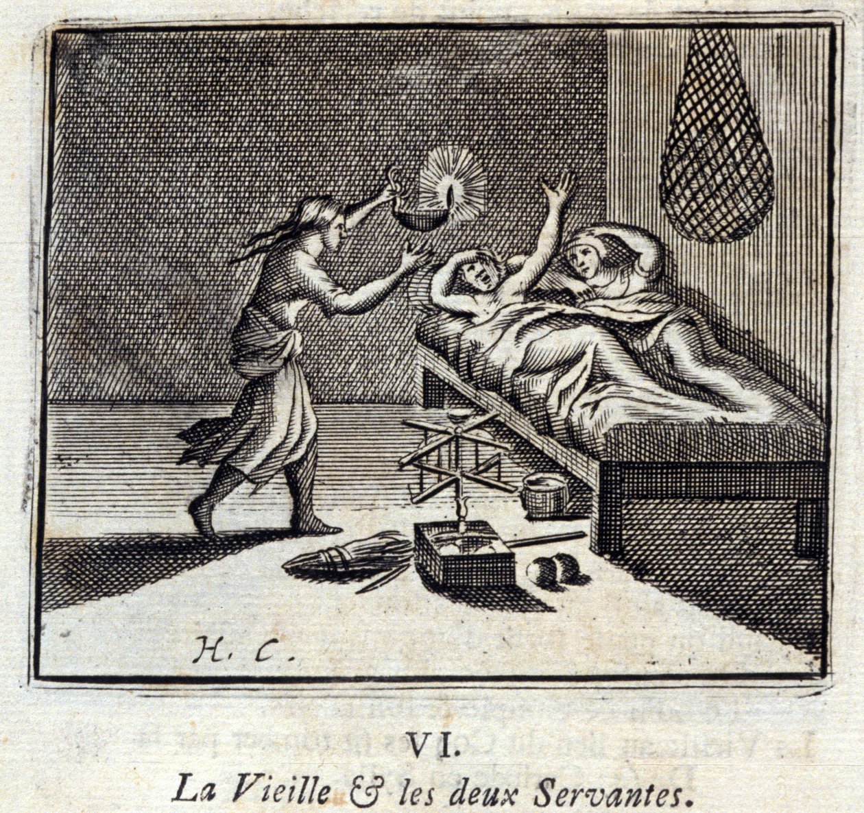 Az öreg hölgy és a két szolga. Jean de La Fontaine (1621-95) meséi. Illusztráció: François Chauveau (1613-1676). 1728-as kiadás. alkotó: Francois Chauveau