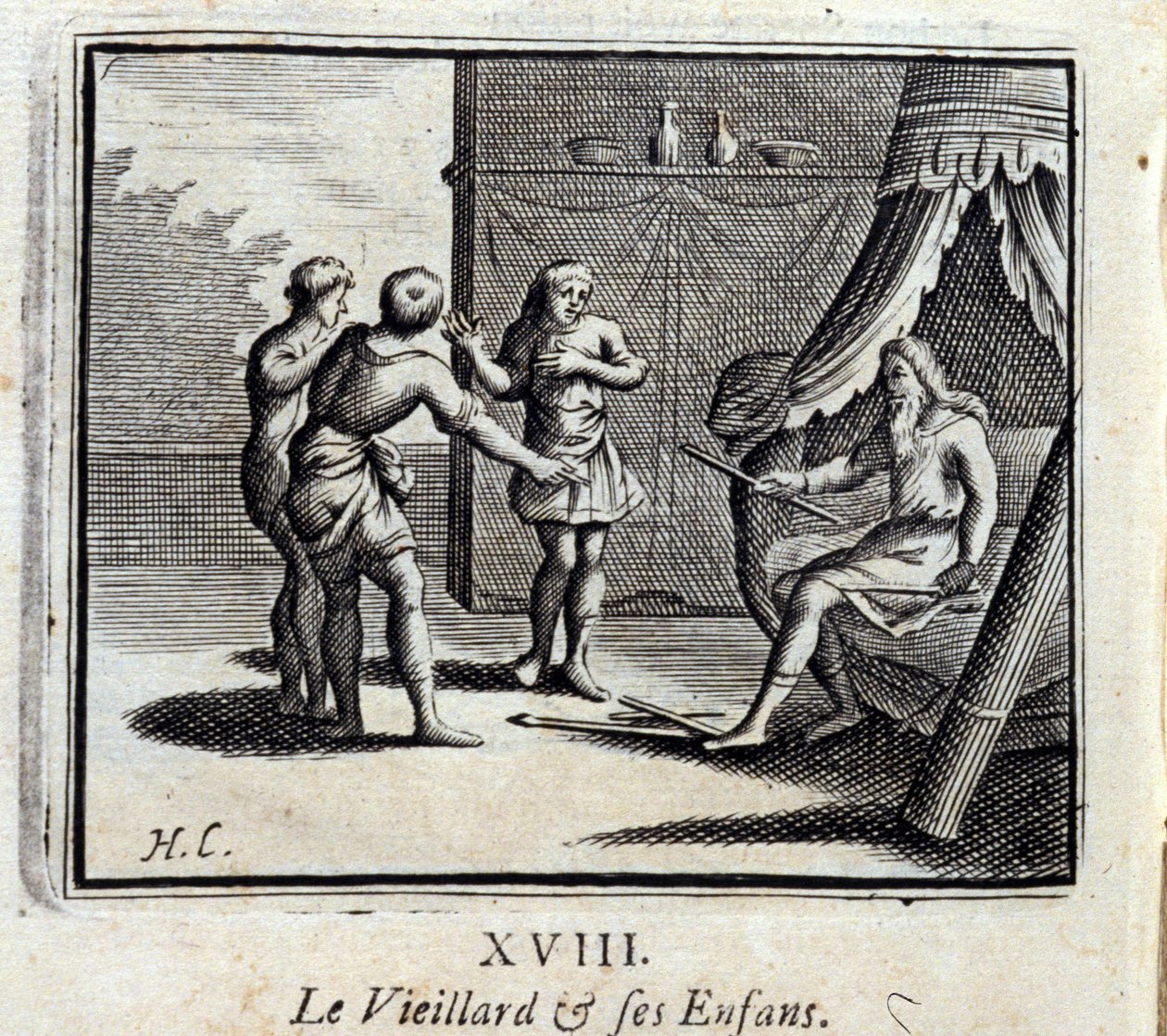 Az öreg és gyermekei. Jean de La Fontaine (1621-95) meséi. Illusztráció: François Chauveau (1613-1676). 1728-as kiadás. alkotó: Francois Chauveau