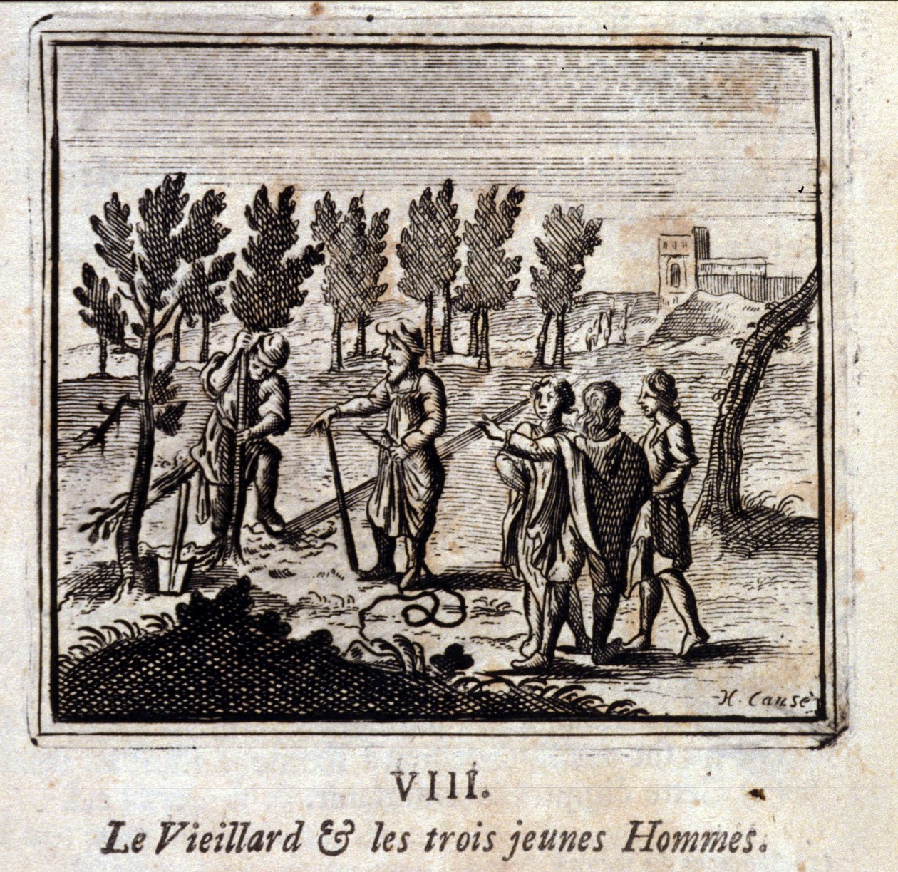 Az öreg és a három fiatalember. Jean de La Fontaine (1621-95) meséi. Illusztráció: François Chauveau (1613-1676). 1728-as kiadás. alkotó: Francois Chauveau