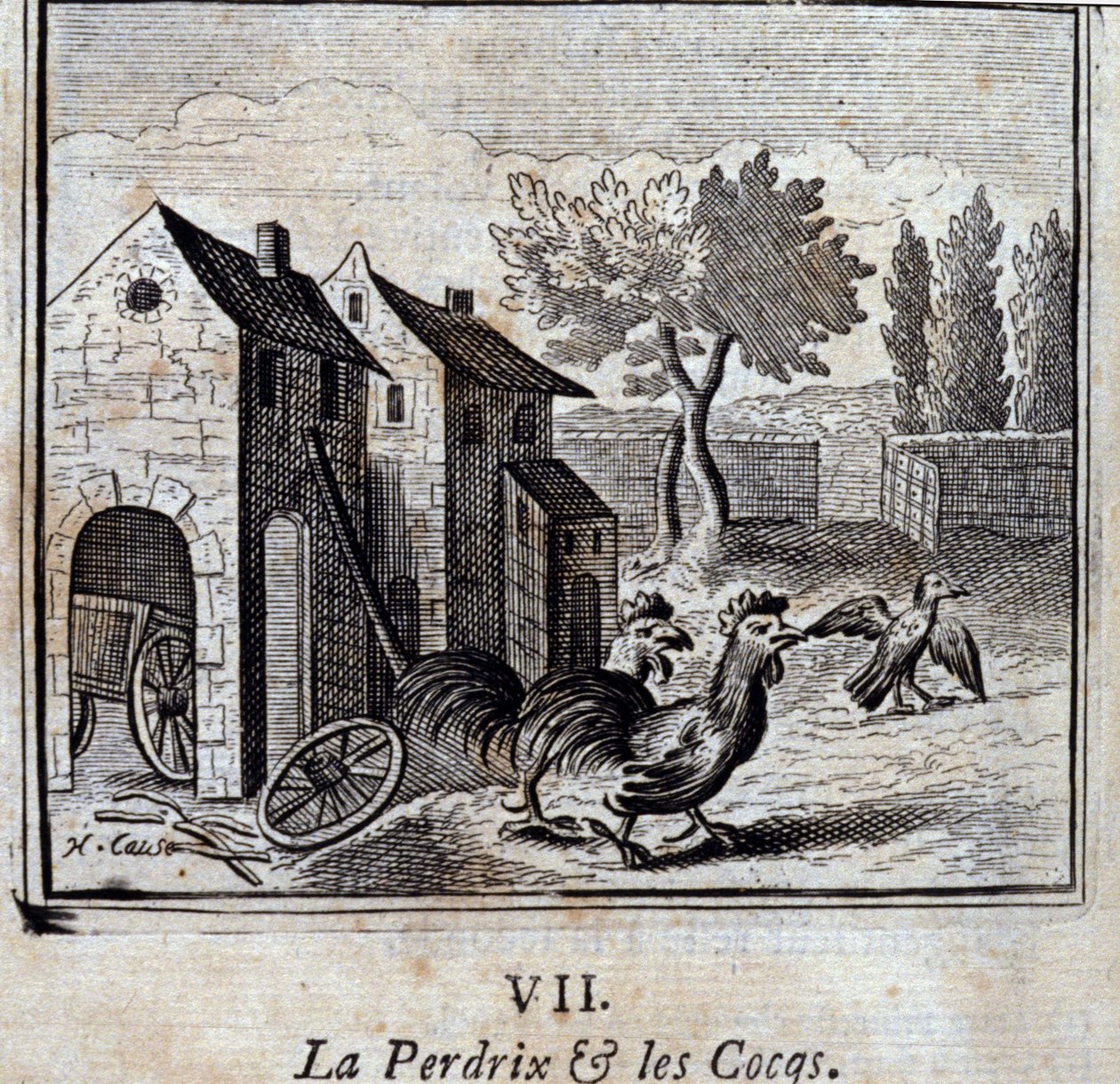 A fogoly és a kakasok. Jean de La Fontaine (1621-95) meséi. Illusztráció: François Chauveau (1613-1676). 1728-as kiadás. alkotó: Francois Chauveau