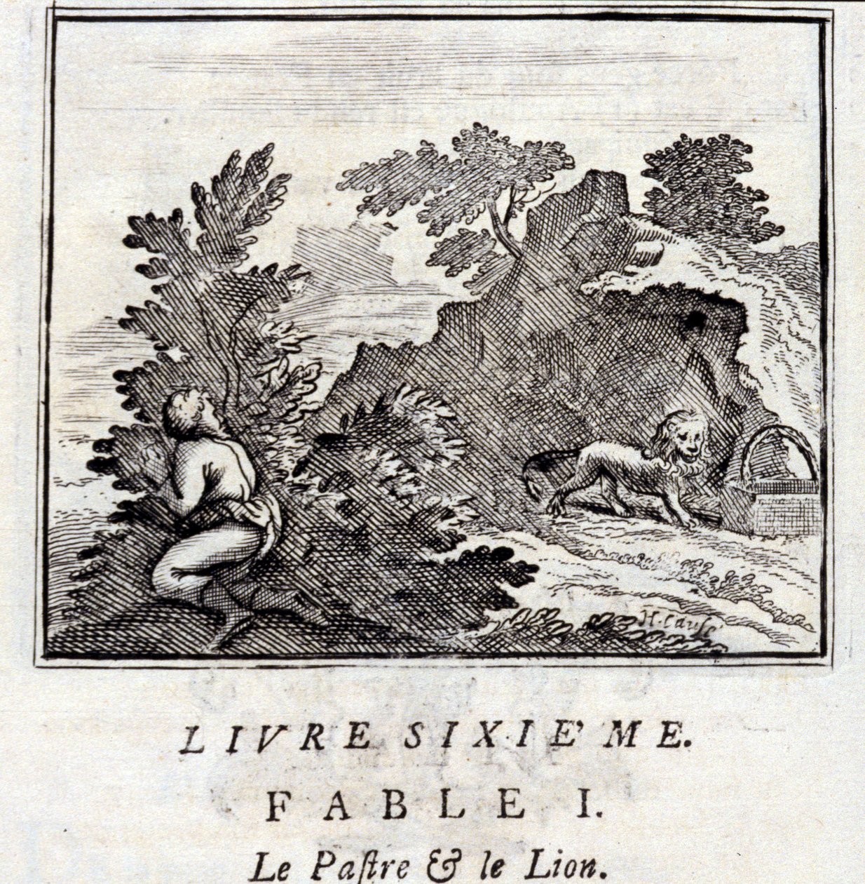 A Pátra és az Oroszlán. Jean de La Fontaine (1621-95) meséi. Illusztráció: François Chauveau (1613-1676). 1728-as kiadás. alkotó: Francois Chauveau