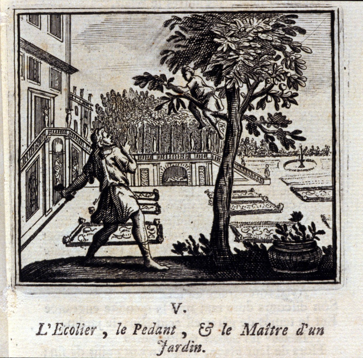 A pedáns iskola és a kert ura. Jean de La Fontaine (1621-95) meséi. Illusztráció: François Chauveau (1613-1676). 1728-as kiadás. alkotó: Francois Chauveau