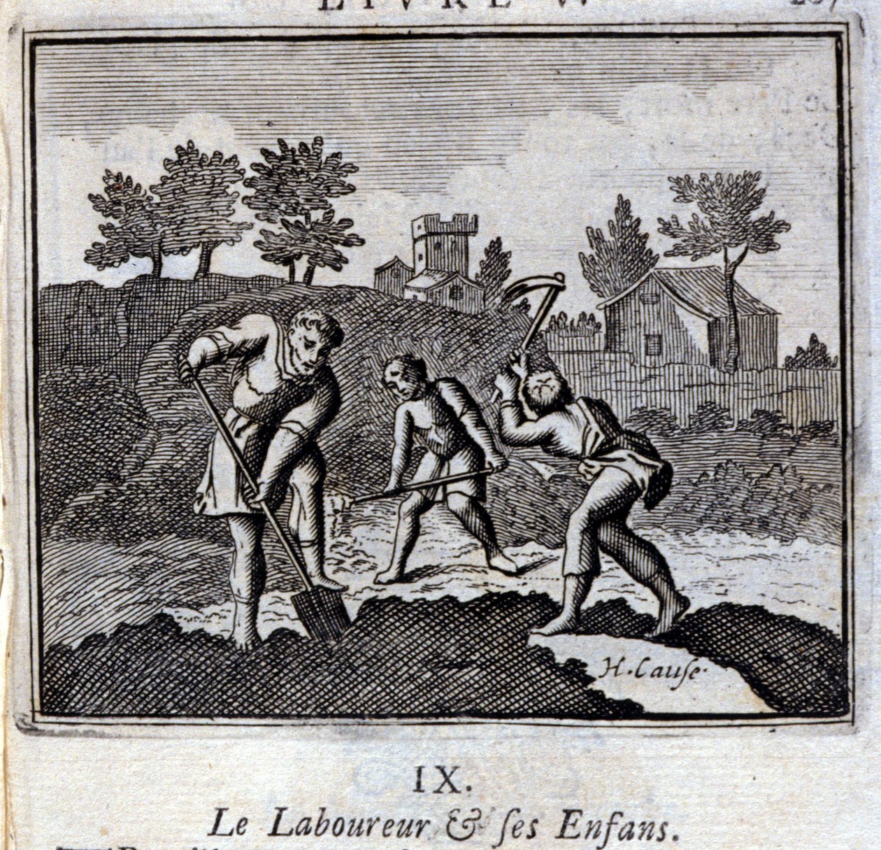 A Ploureur és gyermekei. Jean de La Fontaine (1621-95) meséi. Illusztráció: Francois Chauveau (1613-1676). 1728-as kiadás. alkotó: Francois Chauveau