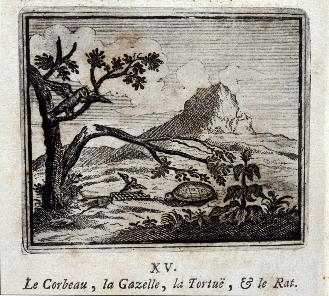 A holló, a gazella, a teknős és a patkány. Jean de La Fontaine (1621-95) meséi. Illusztráció: François Chauveau (1613-1676). 1728-as kiadás. alkotó: Francois Chauveau