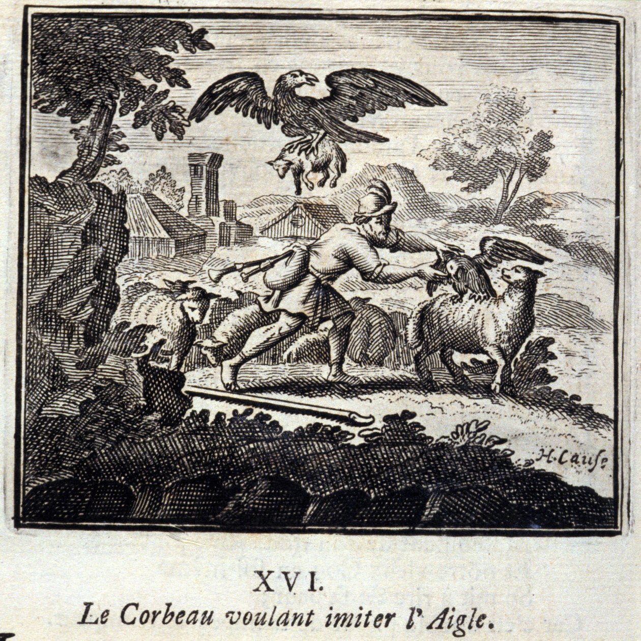 A holló a Sast akarja utánozni. Jean de La Fontaine (1621-95) meséi. Illusztráció: François Chauveau (1613-1676). 1728-as kiadás. alkotó: Francois Chauveau