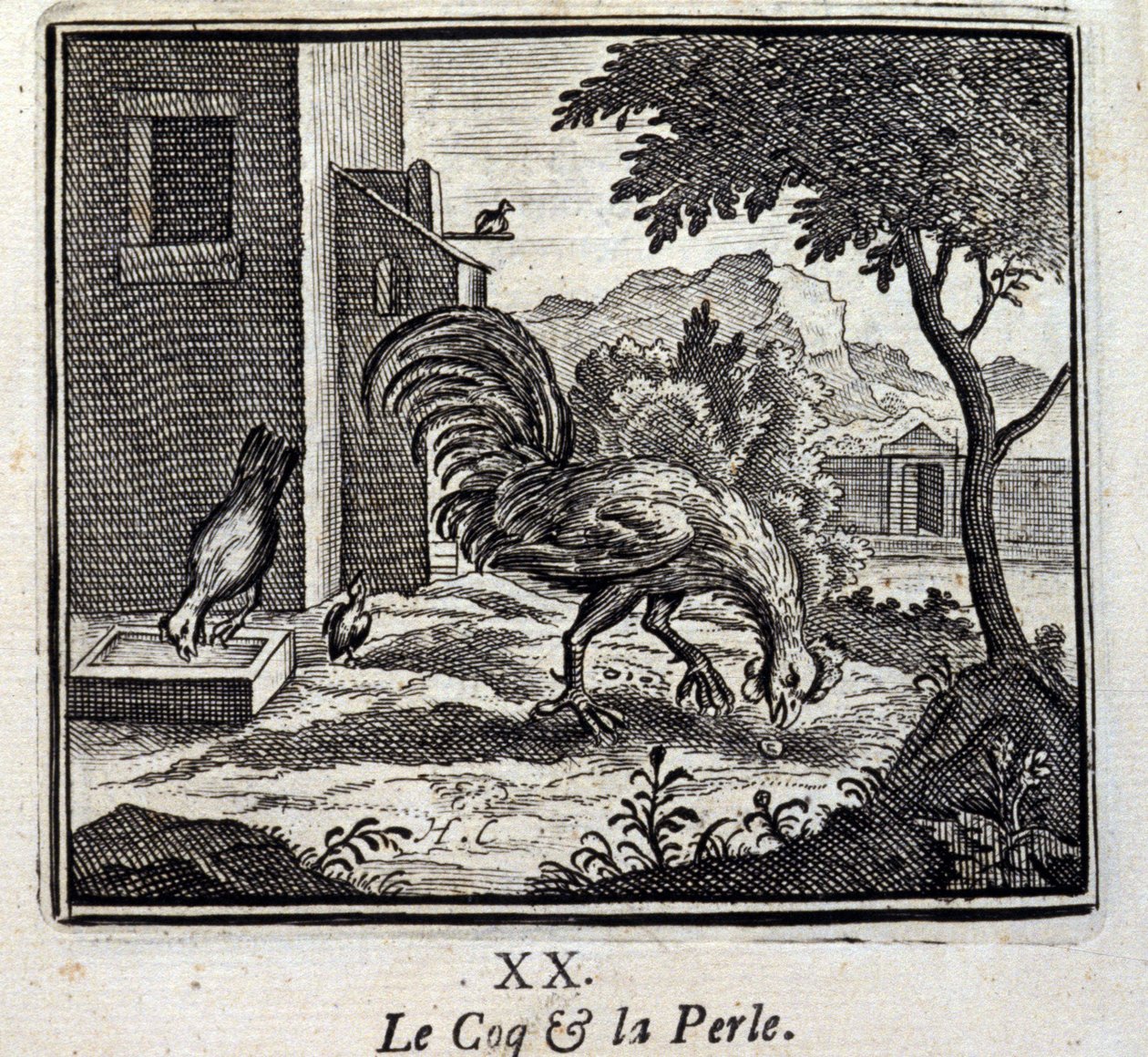 A kakas és a gyöngy. Jean de La Fontaine (1621-95) meséi. Illusztráció: François Chauveau (1613-1676). 1728-as kiadás. alkotó: Francois Chauveau