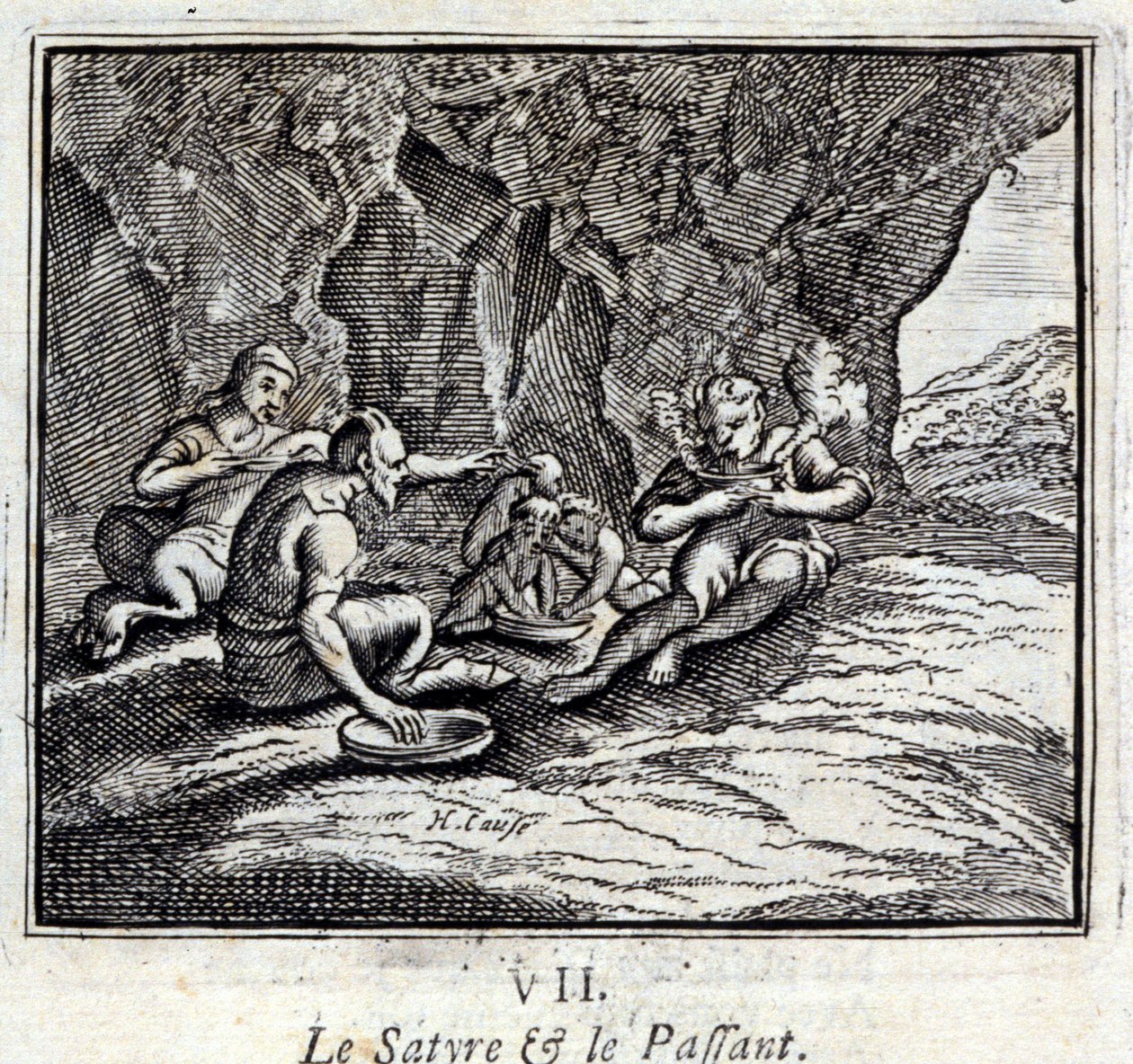 A szatír és az utas. Jean de La Fontaine (1621-95) meséi. Illusztráció: François Chauveau (1613-1676). 1728-as kiadás. alkotó: Francois Chauveau