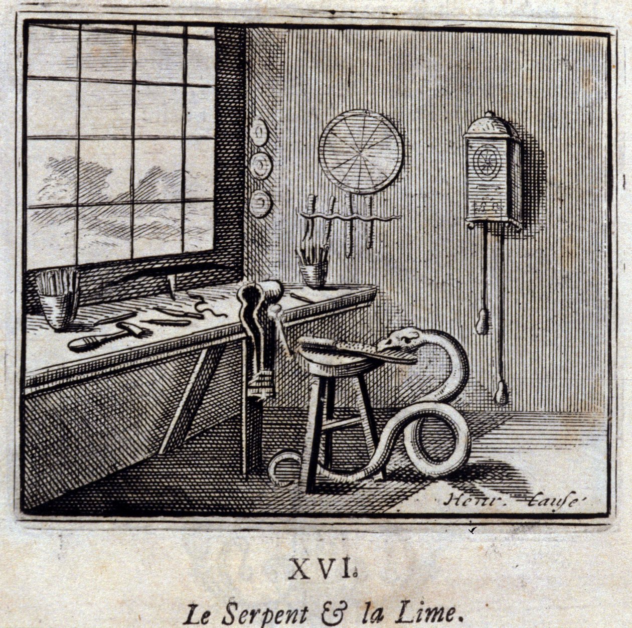 A kígyó és a mész. Jean de La Fontaine (1621-95) meséi. Illusztráció: Francois Chauveau (1613-1676). 1728-as kiadás. alkotó: Francois Chauveau