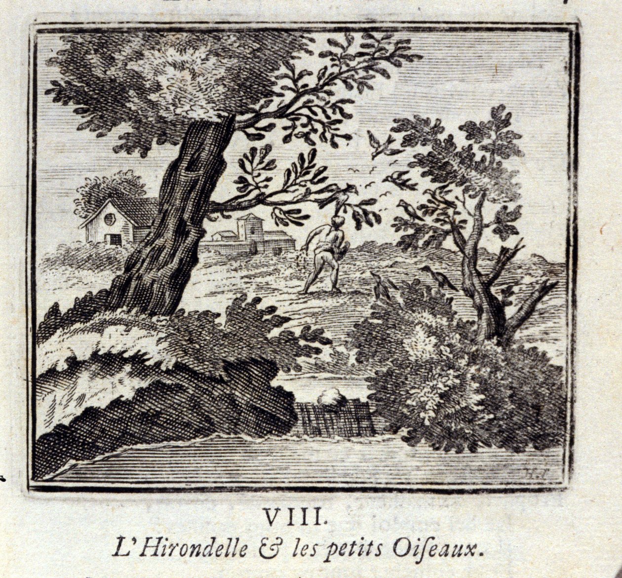 A fecske és a kismadarak. Jean de La Fontaine (1621-95) meséi. Illusztráció: François Chauveau (1613-1676). 1728-as kiadás. alkotó: Francois Chauveau