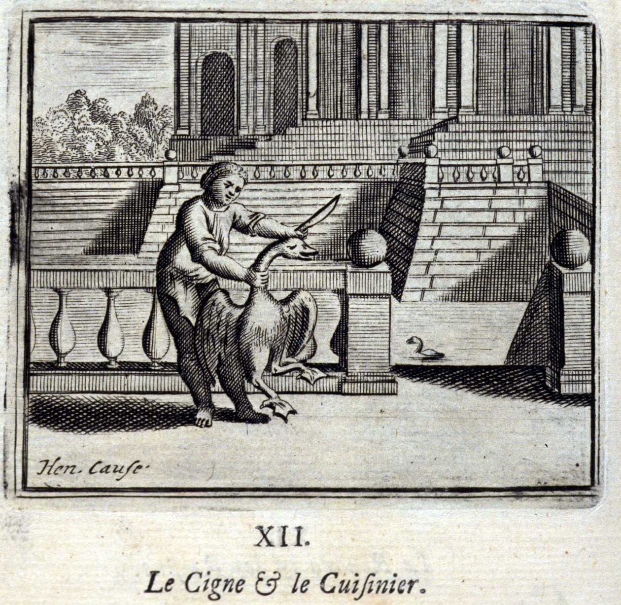 A hattyú és a szakács. Jean de La Fontaine (1621-95) meséi. Illusztráció: Francois Chauveau (1613-1676). 1728-as kiadás. alkotó: Francois Chauveau