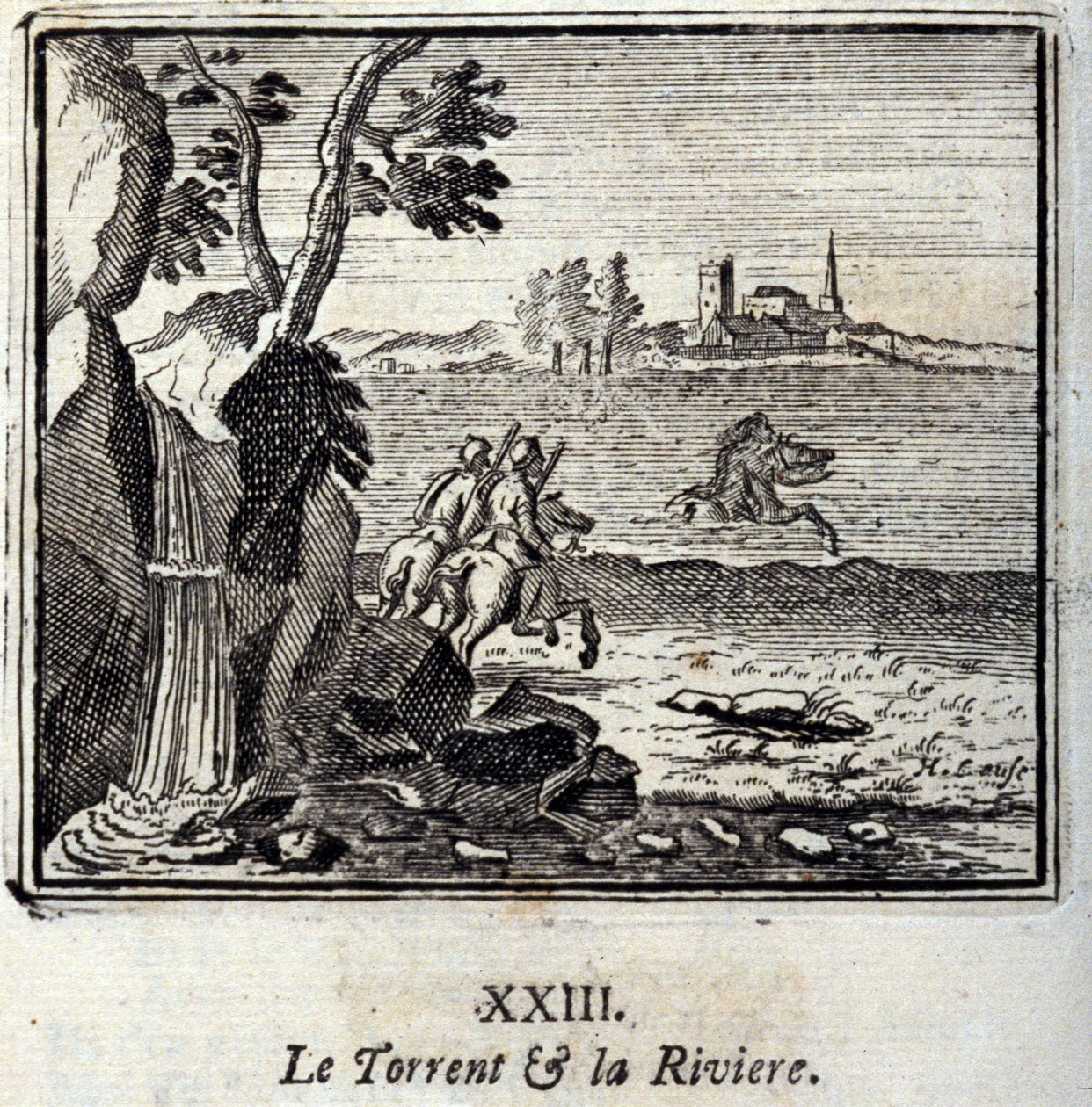 A Torrent és a Riviere. Jean de La Fontaine (1621-95) meséi. Illusztráció: Francois Chauveau (1613-1676). 1728-as kiadás. alkotó: Francois Chauveau
