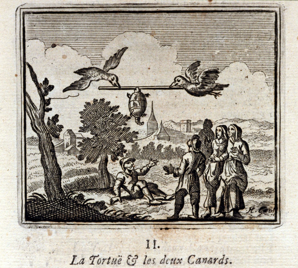 A teknős és a két kacsa. Jean de La Fontaine (1621-95) meséi. Illusztráció: François Chauveau (1613-1676). 1728-as kiadás. alkotó: Francois Chauveau