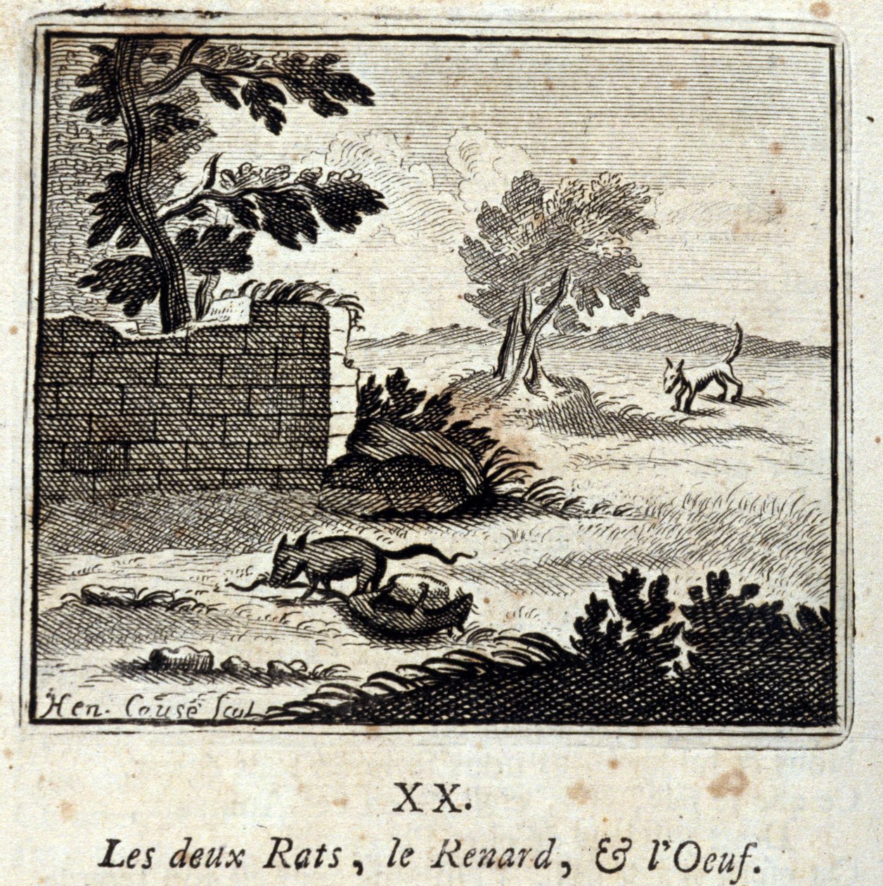 A két patkány, a róka és a tojás. Jean de La Fontaine (1621-95) meséi. Illusztráció: François Chauveau (1613-1676). 1728-as kiadás. alkotó: Francois Chauveau