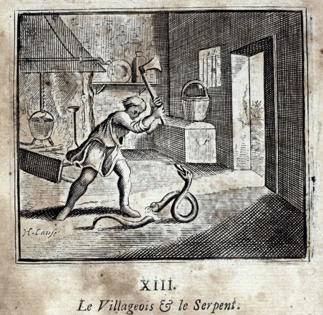 A falusi és a kígyó. Jean de La Fontaine (1621-95) meséi. Illusztráció: François Chauveau (1613-1676). 1728-as kiadás. alkotó: Francois Chauveau