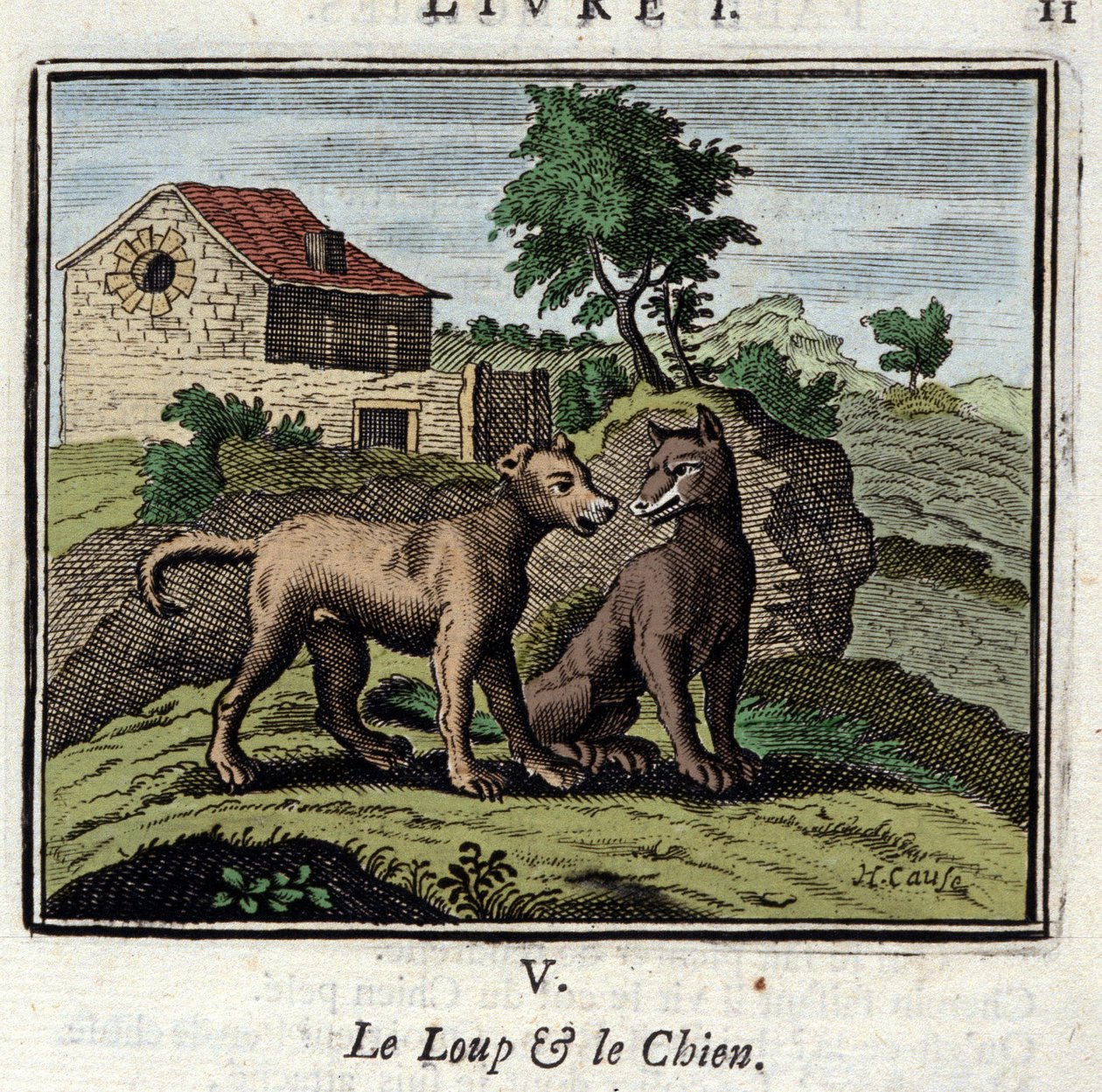 A farkas és a kutya. Jean de La Fontaine (1621-1695) meséi. Illusztráció: Francois Chauveau (1613-1676). 1728-as kiadás. alkotó: Francois Chauveau