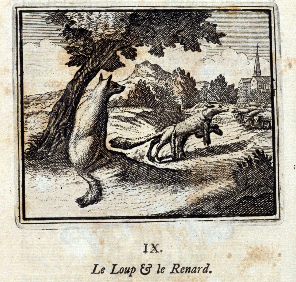 A farkas és a róka. Jean de La Fontaine (1621-95) meséi. Illusztráció: François Chauveau (1613-1676). 1728-as kiadás. alkotó: Francois Chauveau