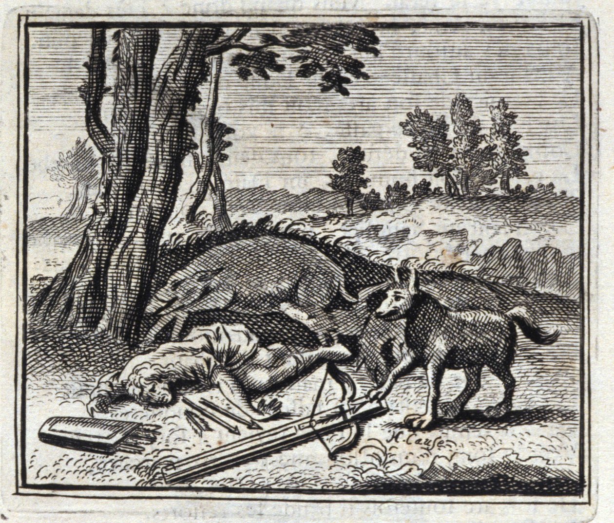 A farkas és a vadász. Jean de La Fontaine (1621-95) meséi. Illusztráció: Francois Chauveau (1613-1676). 1728-as kiadás. alkotó: Francois Chauveau