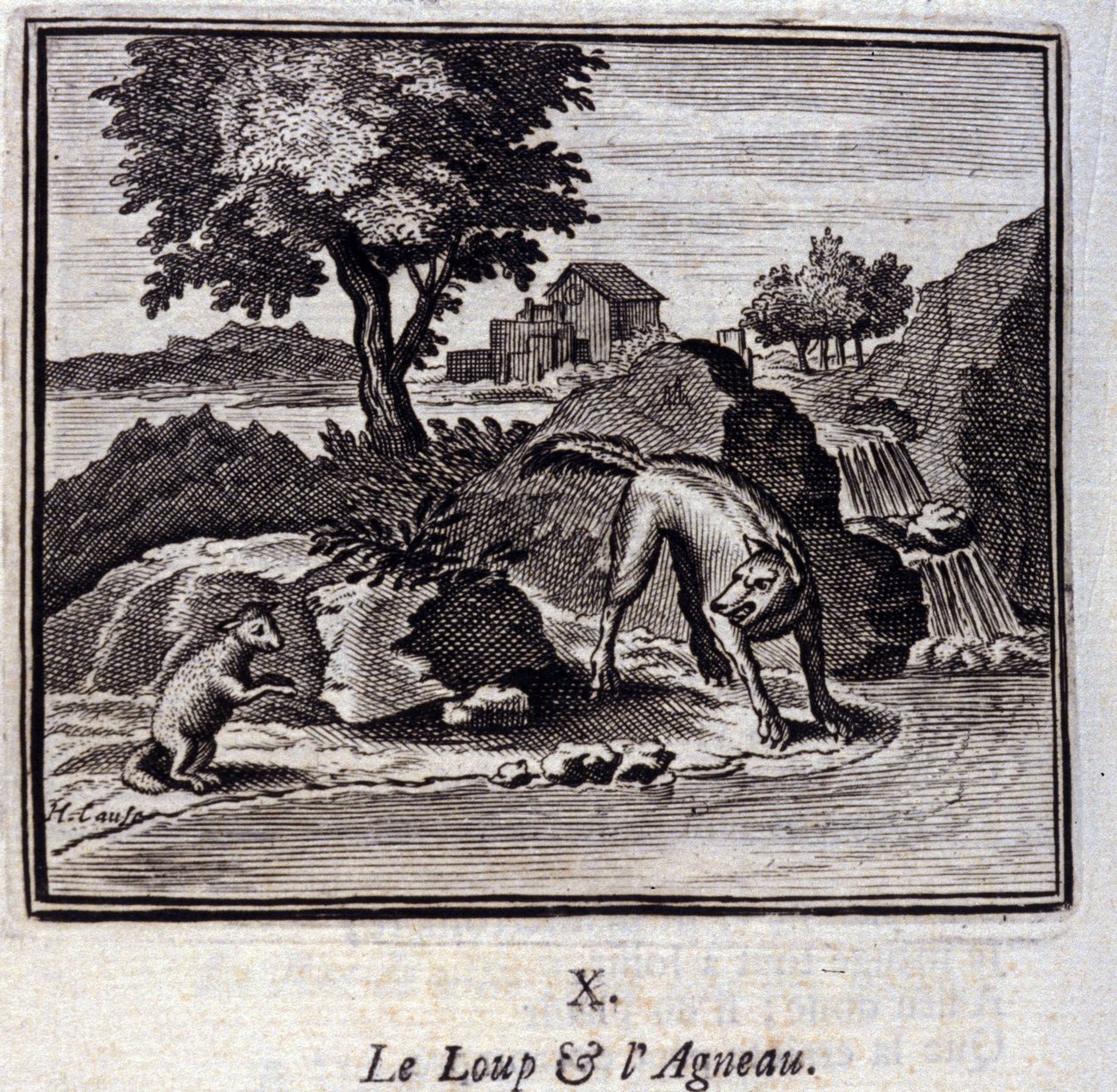 A farkas és a bárány. Jean de La Fontaine (1621-95) meséi. Illusztráció: François Chauveau (1613-1676). 1728-as kiadás. alkotó: Francois Chauveau