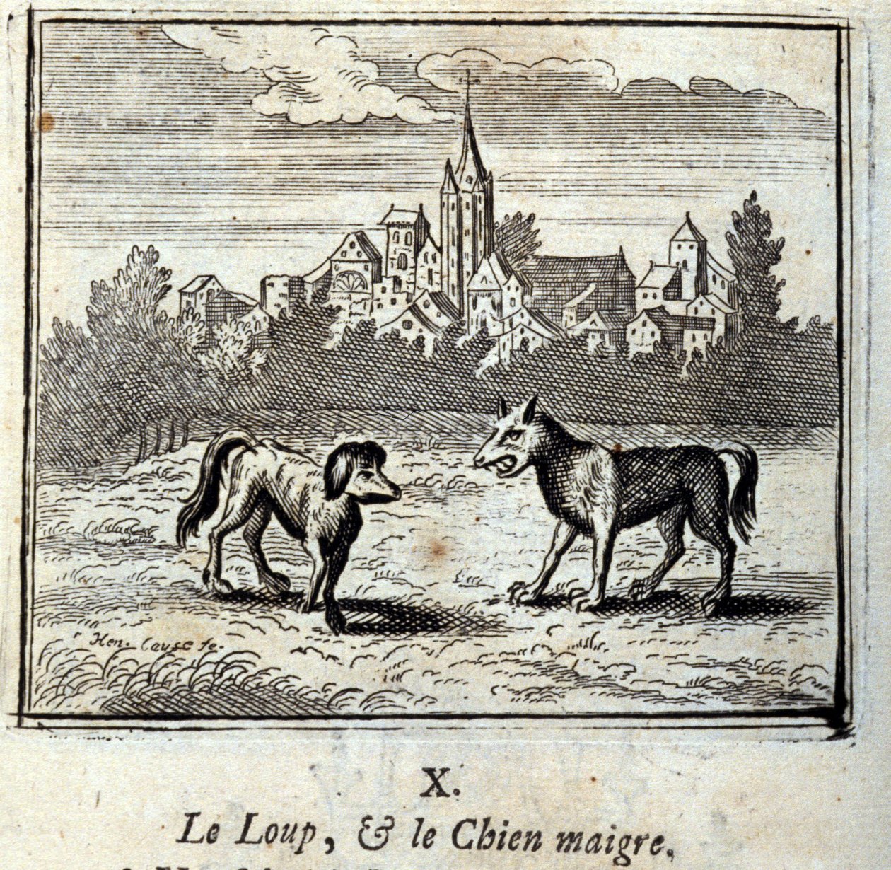 A farkas és a sovány kutya. Jean de La Fontaine (1621-95) meséi. Illusztráció: François Chauveau (1613-1676). 1728-as kiadás. alkotó: Francois Chauveau
