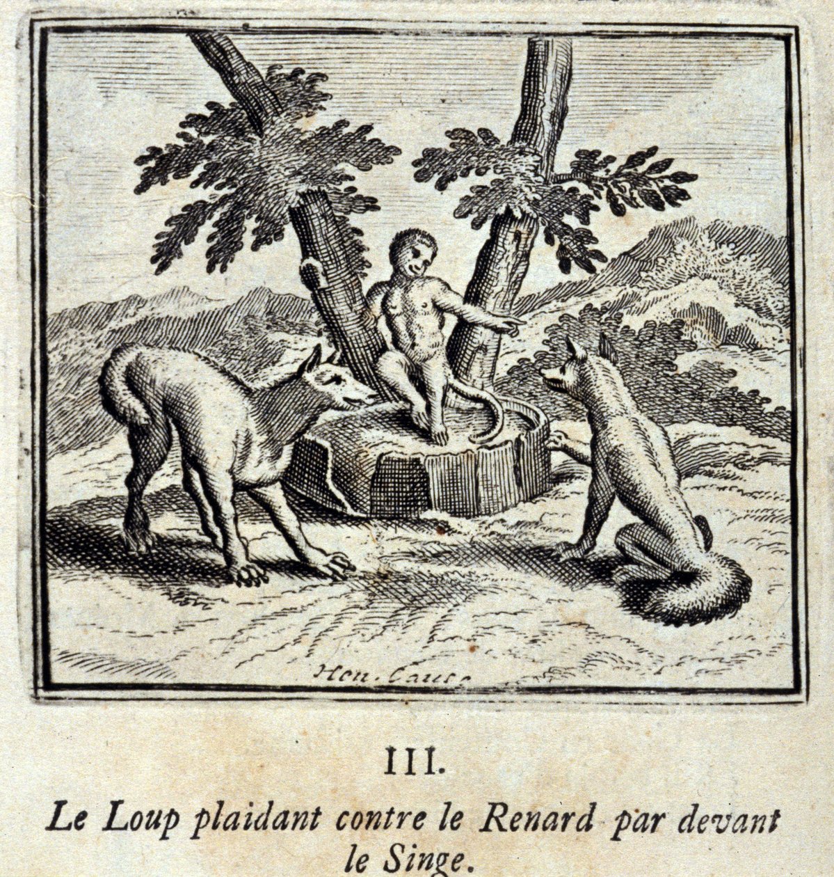A Farkas a Róka ellen könyörög a Majom előtt. Jean de La Fontaine (1621-95) meséi. Illusztráció: François Chauveau (1613-1676). 1728-as kiadás. alkotó: Francois Chauveau