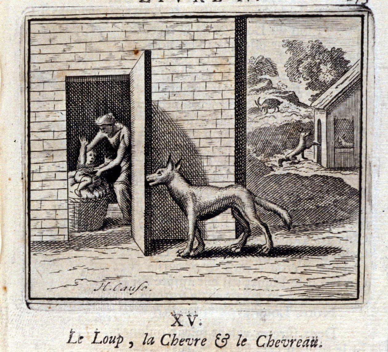 A farkas, a kecske és a kecske. Jean de La Fontaine (1621-95) meséi. Illusztráció: François Chauveau (1613-1676). 1728-as kiadás. alkotó: Francois Chauveau