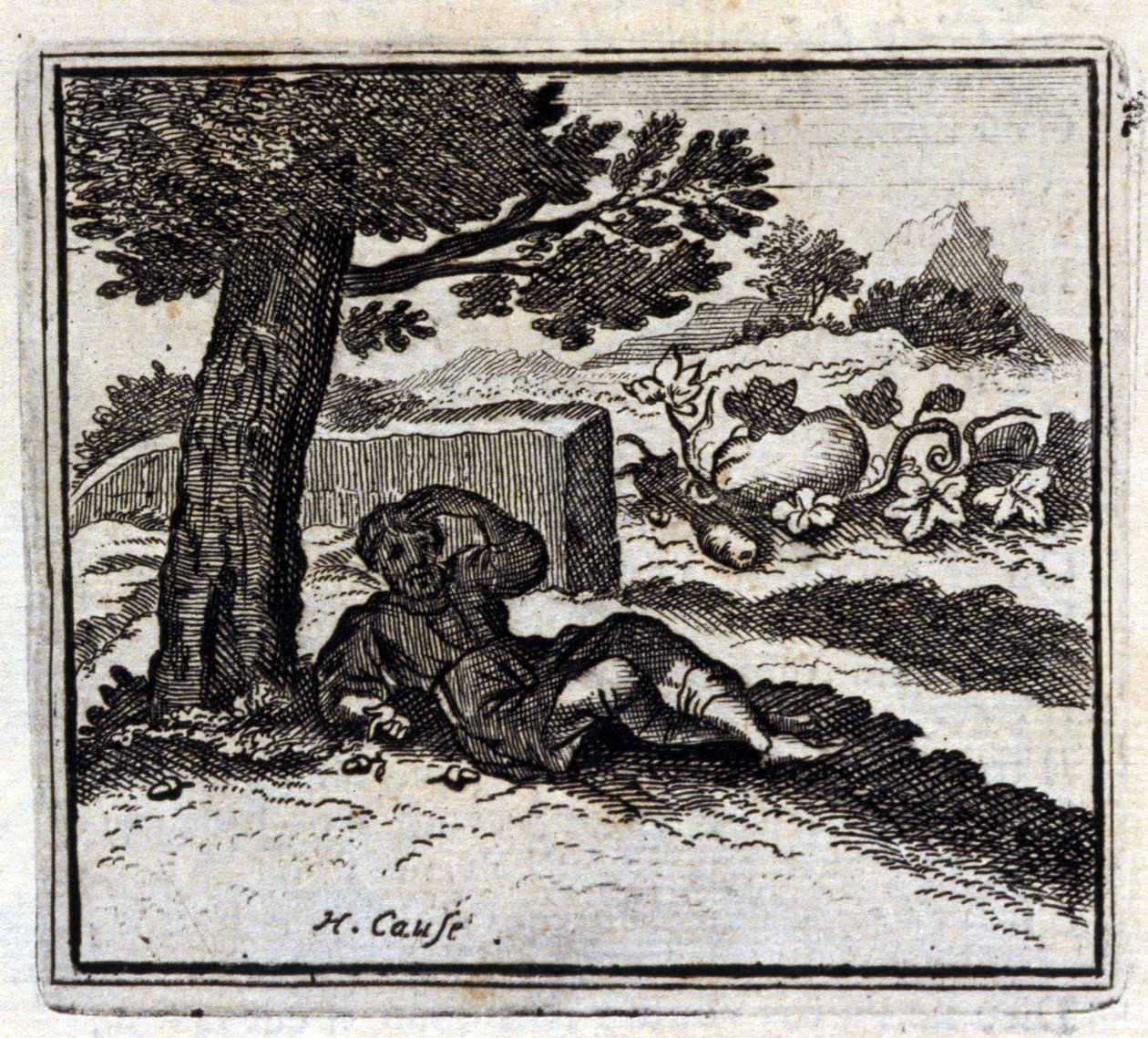 A makk és a sütőtök. Jean de La Fontaine (1621-95) meséi. Illusztráció: François Chauveau (1613-1676). 1728-as kiadás. alkotó: Francois Chauveau