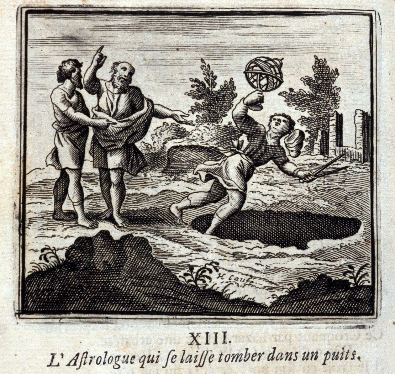 Az asztrológus, aki kútba esik. Jean de La Fontaine (1621-95) meséi. Illusztráció: François Chauveau (1613-1676). 1728-as kiadás. alkotó: Francois Chauveau