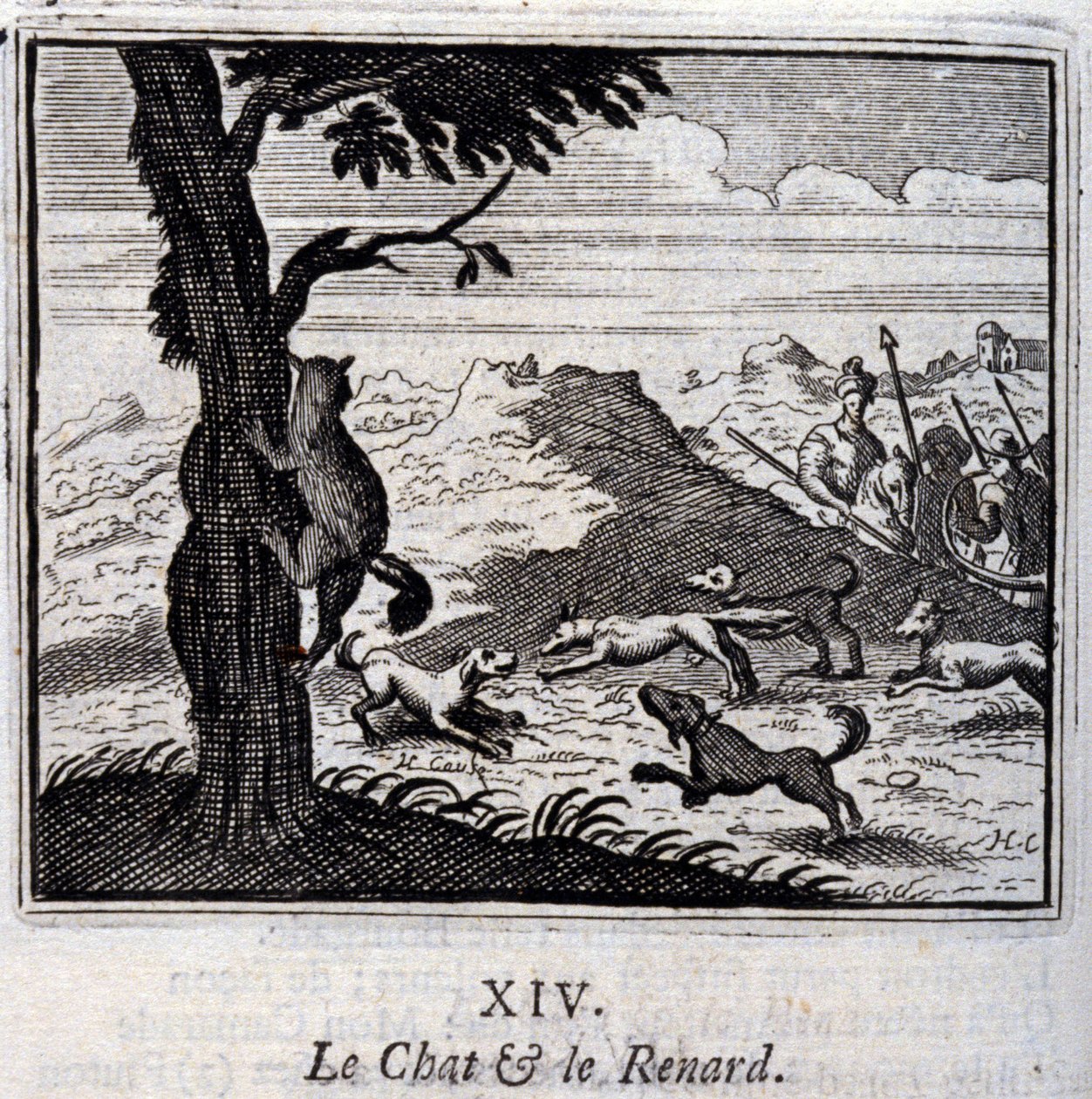 A macska és a róka. Jean de La Fontaine (1621-95) meséi. Illusztráció: François Chauveau (1613-1676). 1728-as kiadás. alkotó: Francois Chauveau