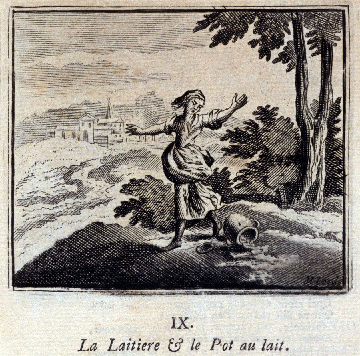 A tejtermék és a tejesüveg. Jean de La Fontaine (1621-95) meséi. Illusztráció: François Chauveau (1613-1676). 1728-as kiadás. alkotó: Francois Chauveau