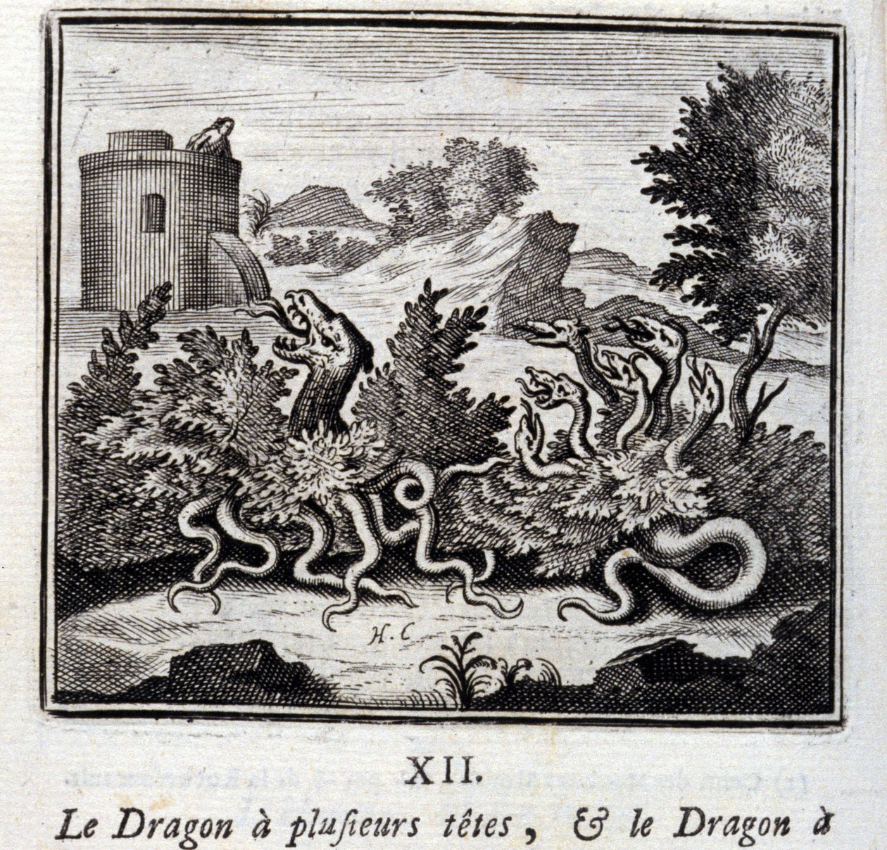 A sárkánynak több feje van, a sárkánynak pedig több farka. Jean de La Fontaine (1621-95) meséi. Illusztráció: François Chauveau (1613-1676). 1728-as kiadás. alkotó: Francois Chauveau