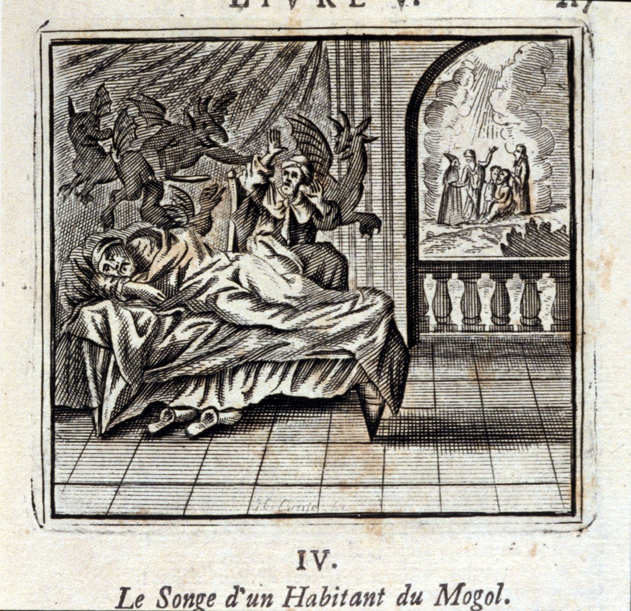 Egy mogul lakos álma. Jean de La Fontaine (1621-95) meséi. Illusztráció: Francois Chauveau (1613-1676). 1728-as kiadás. alkotó: Francois Chauveau