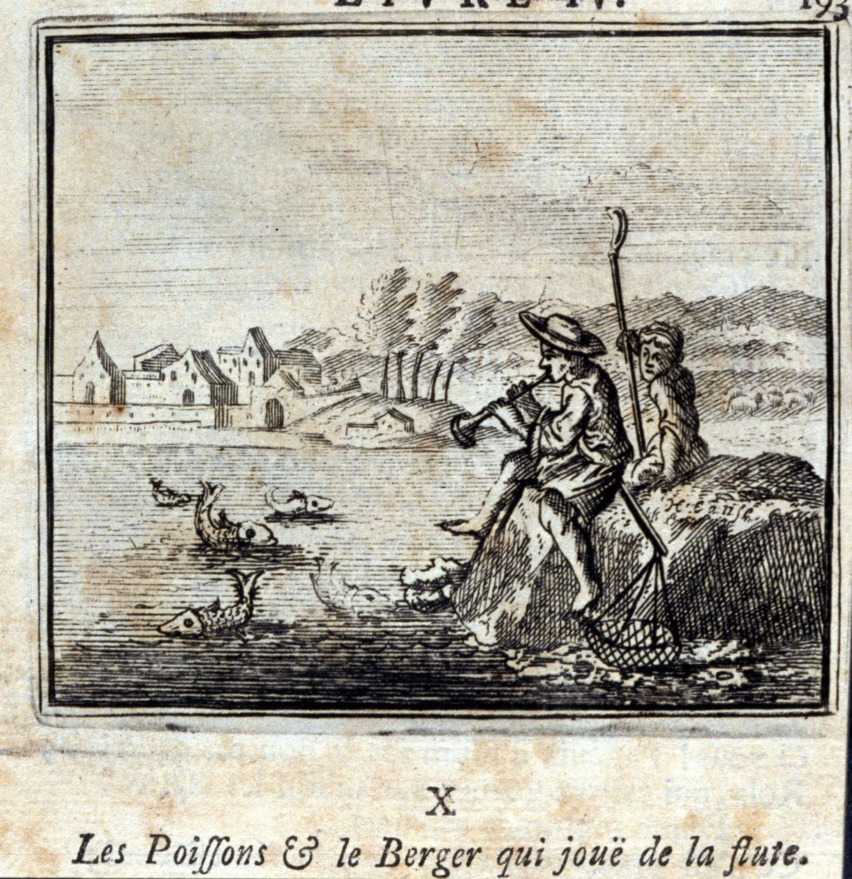 A hal és a pásztor furulyázik. Jean de La Fontaine (1621-95) meséi. Illusztráció: François Chauveau (1613-1676). 1728-as kiadás. alkotó: Francois Chauveau
