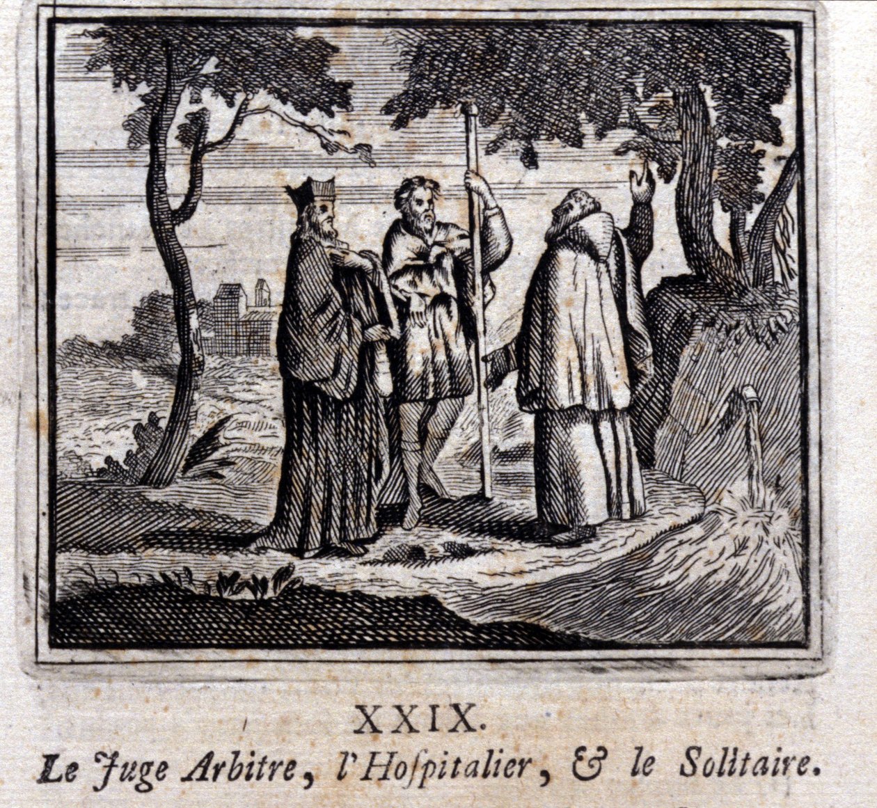 A bíró vezeti a Hospitallert és a Solitaire-t. Jean de La Fontaine (1621-95) meséi. Illusztráció: Francois Chauveau (1613-1676). 1728-as kiadás. alkotó: Francois Chauveau
