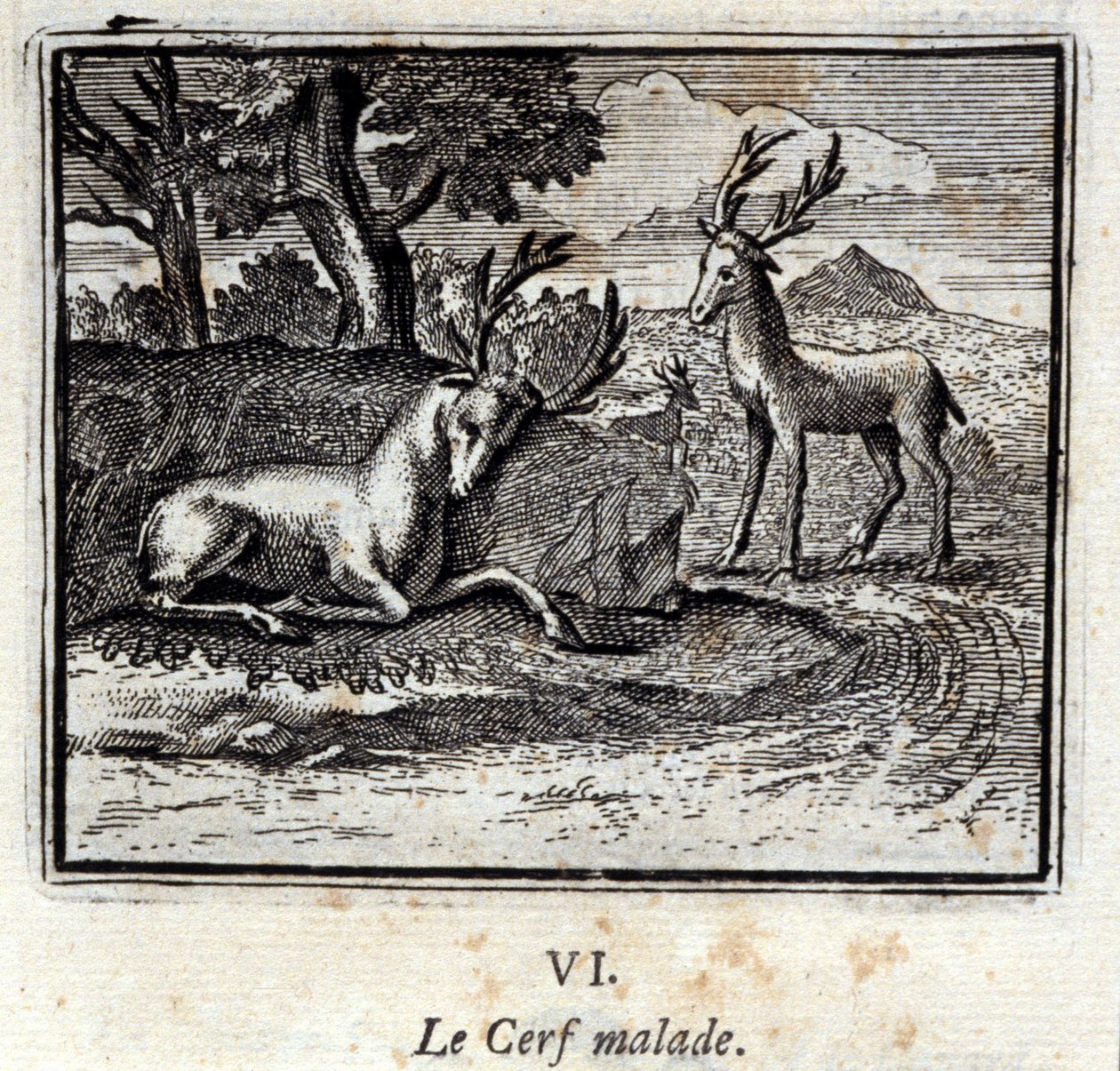 A beteg szarvas. Jean de La Fontaine (1621-95) meséi. Illusztráció: François Chauveau (1613-1676). 1728-as kiadás. alkotó: Francois Chauveau