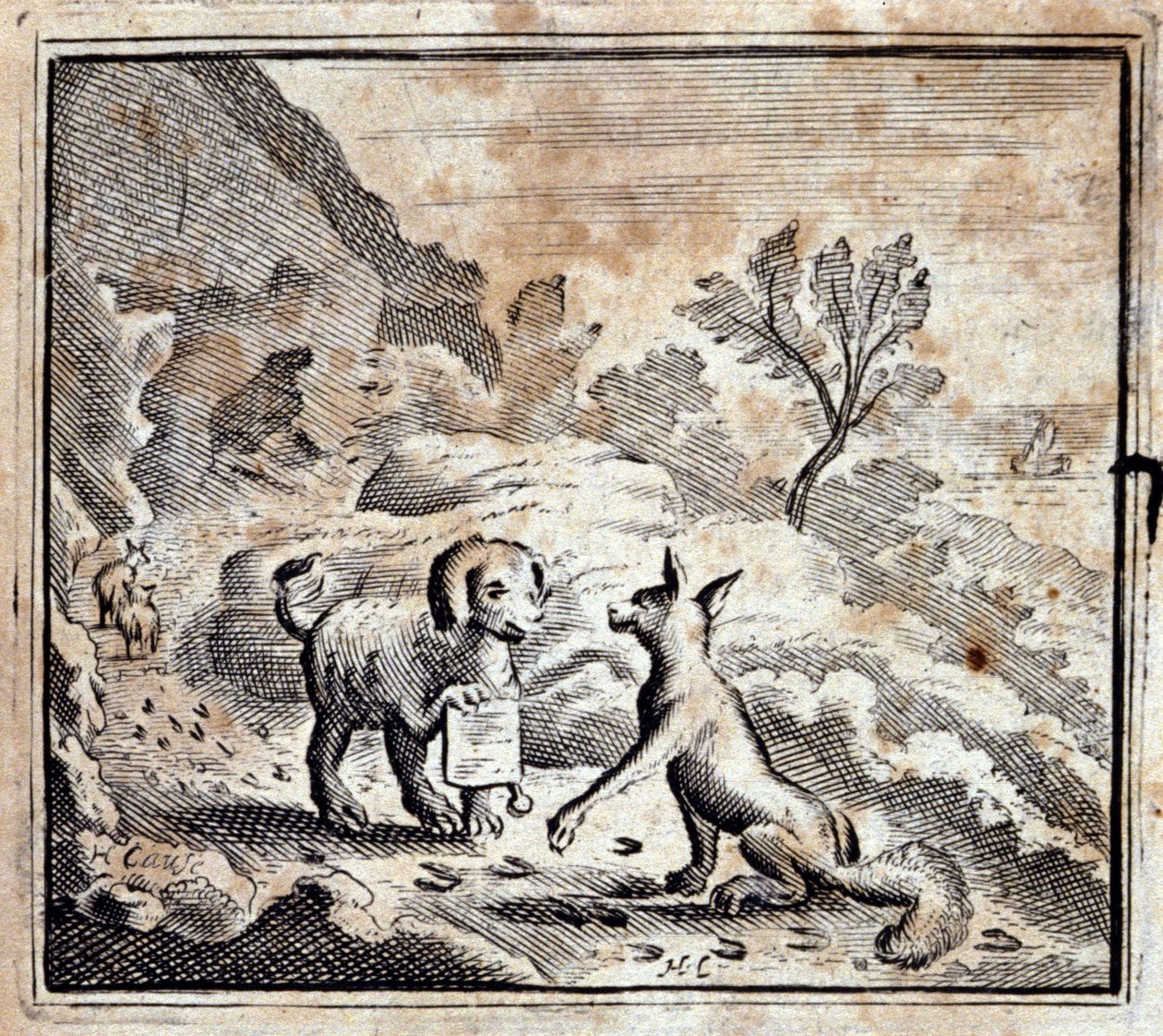 A beteg oroszlán és a róka. Jean de La Fontaine (1621-95) meséi. Illusztráció: François Chauveau (1613-1676). 1728-as kiadás. alkotó: Francois Chauveau